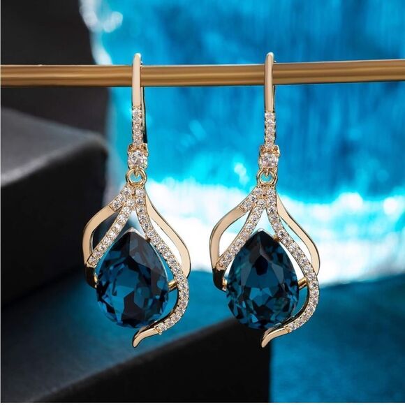 14K Yellow Gold and London Blue Topaz Austrian Crystal Twisted Teardrop Earrings - Picture 4 of 6
